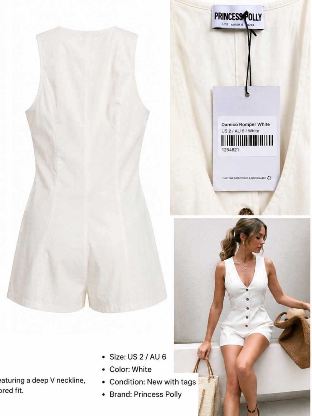 Princess Polly White Sleeveless V-Neck Button Romper